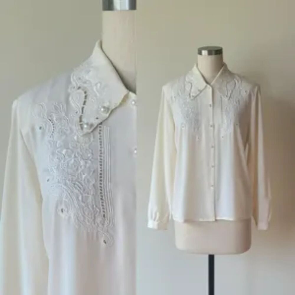 T14 Vintage 80's Christie & Jill Ivory Blouse With Embroidered Cutwork Lace Sz 4